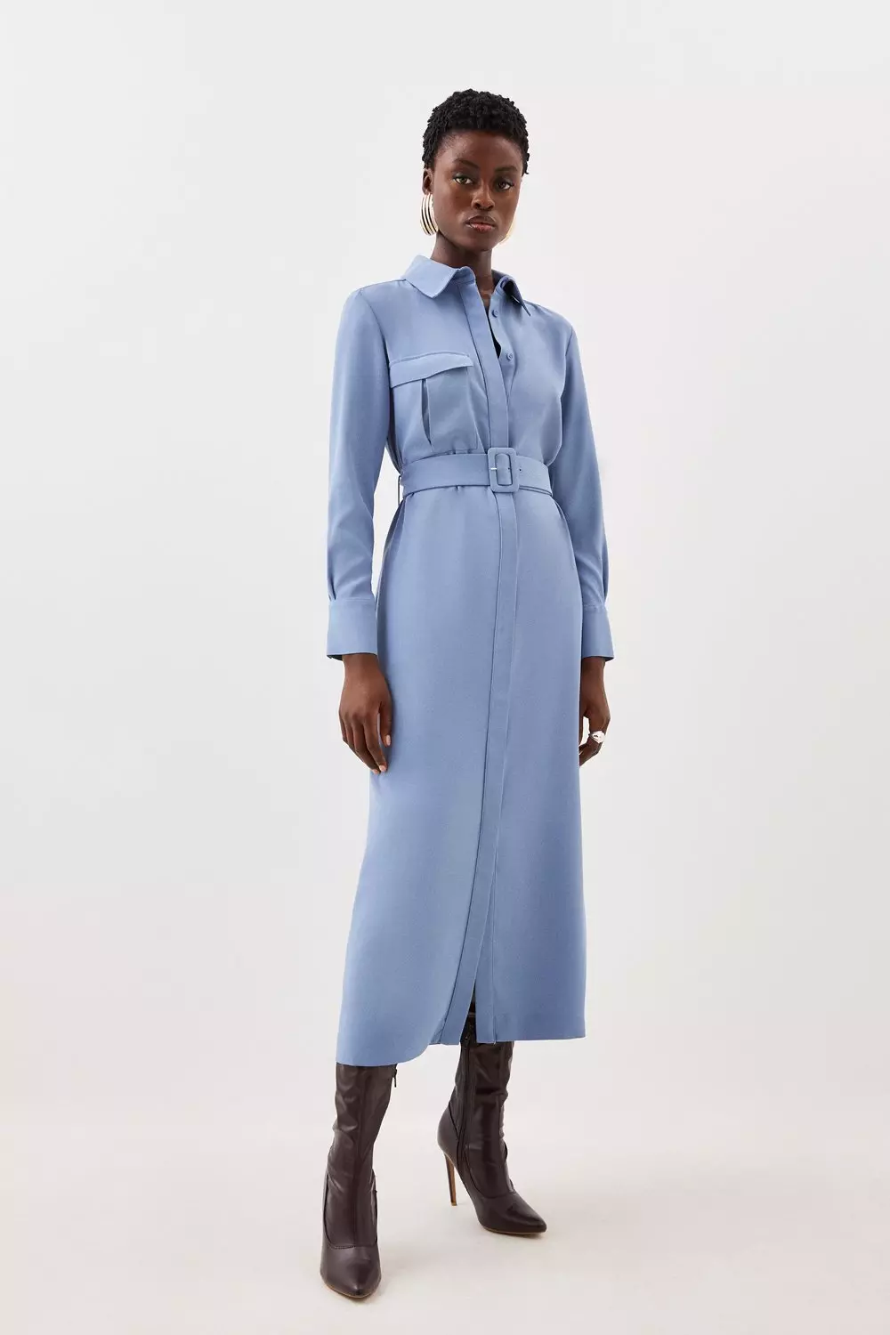 Tailored Crepe Pocket Detail Belted Midi Shirt Dress Karen Millen